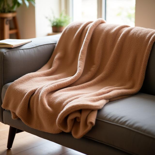 ソファに掛けられたTaiga Neのフリースブランケット